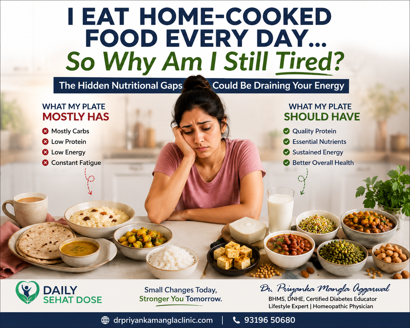 Indian woman looking tired despite eating home-cooked food, highlighting Indian vegetarian protein combinations for better energy.