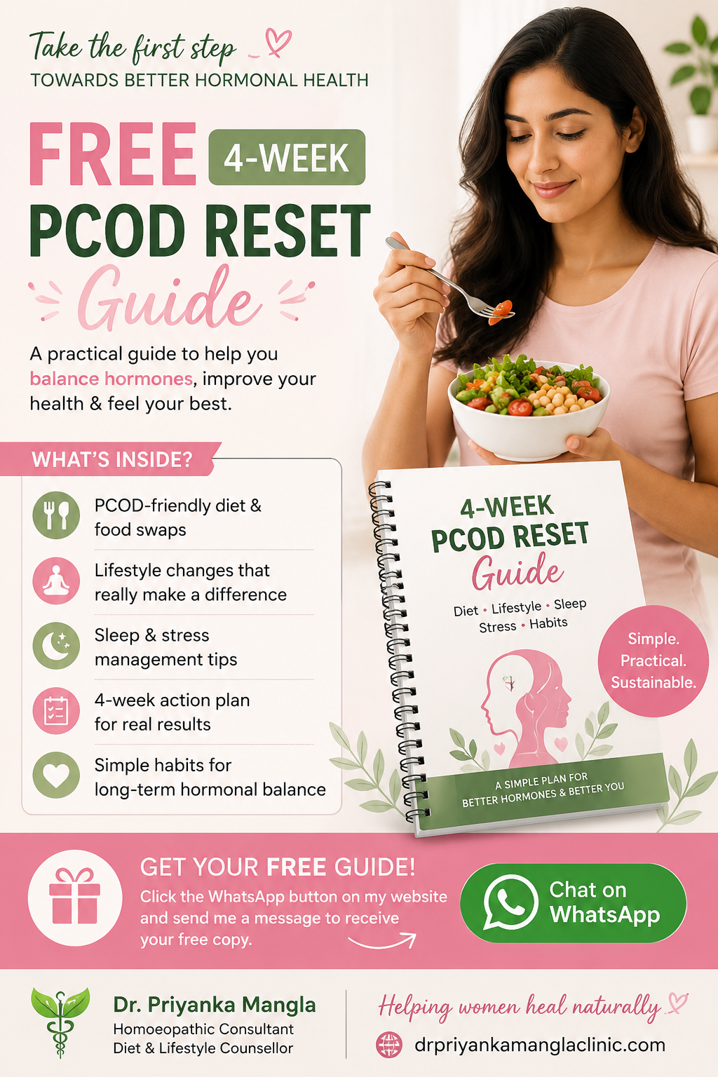 Free 4-Week PCOD Reset Guide by Dr. Priyanka Mangla featuring practical PCOD diet tips, lifestyle changes, sleep and stress management strategies, and a 4-week action plan for women with PCOS to support hormonal health naturally.